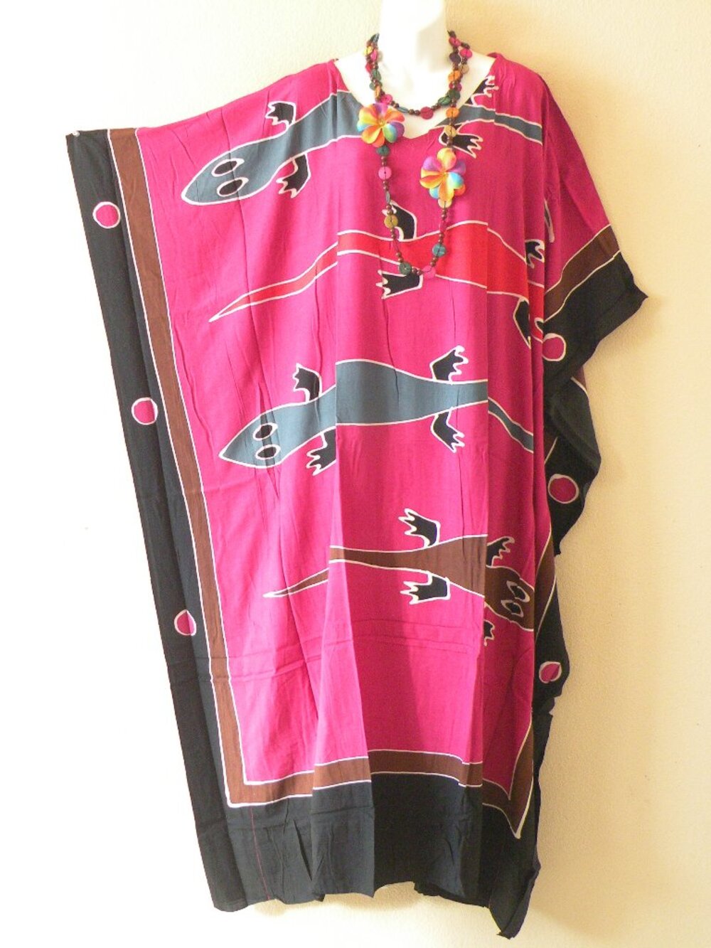 KD458 Pink Gecko Batik Hand Painted Plus Batwing VNeck Kaftan Dolman Women Dress